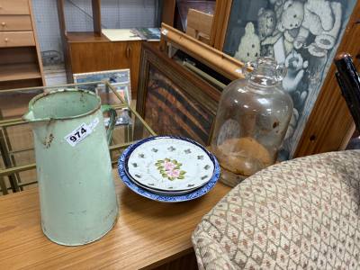 ENAMEL JUG, DEMIJOHN + CHINA