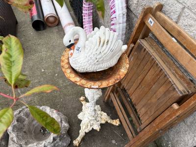 CAST IRON BIRD BATH + STONE ORNAMENT