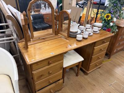 PINE DRESSING TABLE + MIRROR + STOOL