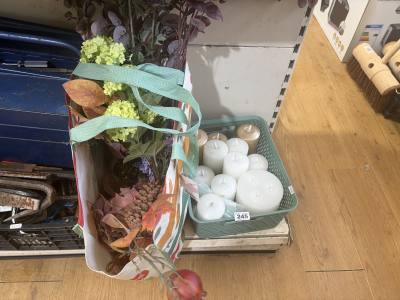 BOX OF CANDLES + BAG OF ARTIFICIAL PLANTS