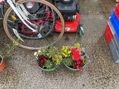 PAIR OF HANGING BASKETS WITH MIXED PLANTS 
