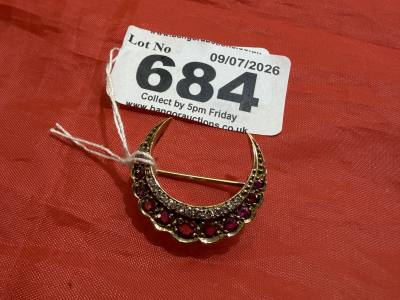 9CT GOLD RUBY + DIAMOND CRESCENT BROOCH