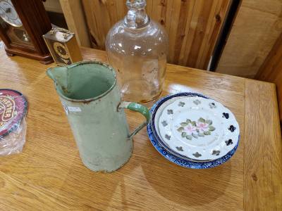ENAMEL JUG, DEMIJOHN + CHINA