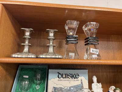 2 X CRYSTAL CANDLESTICKS + SILVER PLATE CANDLESTICKS