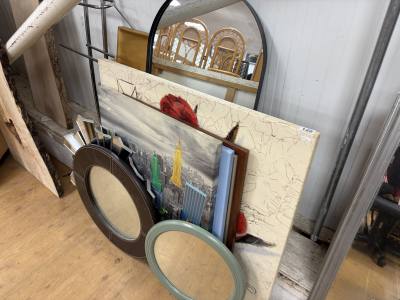 LOT OF MIRRORS + PRINTS + RACK