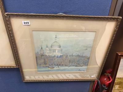 J.TIM MACDONALD WATERCOLOUR UNDER GLASS "ST PAUL'S CATHEDRAL" (38X33)