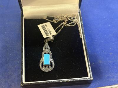 SILVER TURQUOISE + MARCASITE PENDANT + CHAIN