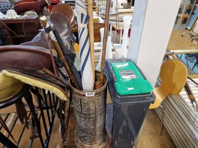 RECYCLING BIN + BRASS STICK STAND + STICKS