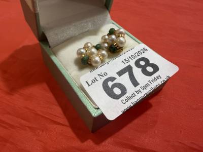 22CT GOLD PEARL + EMERALD EARRINGS