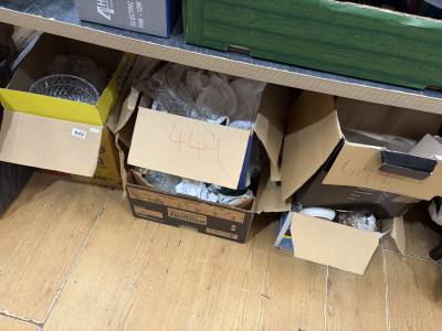 5 X BOXES OF CHINA + GLASS ETC + SILVERPLATE