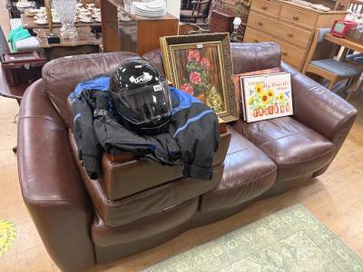 BROWN LEATHER 3 SEATER COUCH + STOOL