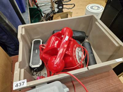 BOX OF SPEAKERS + RED PHONE
