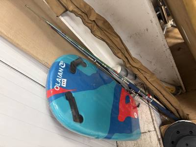 3 X FISHING RODS + BODY BOARD ETC