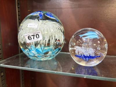 2 X LARGE ART GLASS DOLPHIN PAPERWEIGHTS