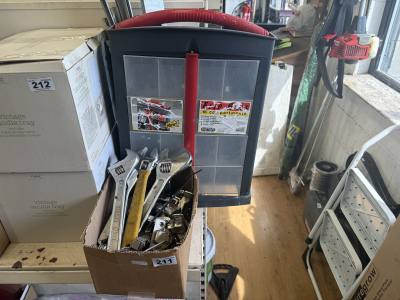 BOX OF HINGES, RUNNERS, WRENCHES + TOOL TIDY