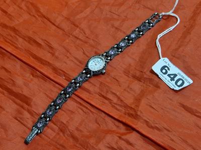 SILVER MARCASITE + GEMSTONE WATCH
