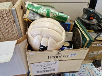 BOX OF FOOTBALL MEMORABILIA + SIGNED GAELIC BALL
