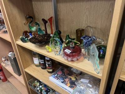 SHELF LOT OF GLASSWARE