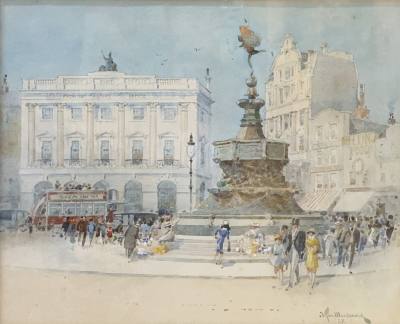 J.TIM MACDONALD WATERCOLOUR UNDER GLASS "PICCADILLY CIRCUS" (38X33)