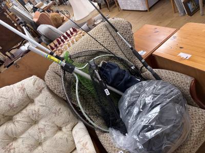 FISHING CLOTHING + NETS + ROD ETC.