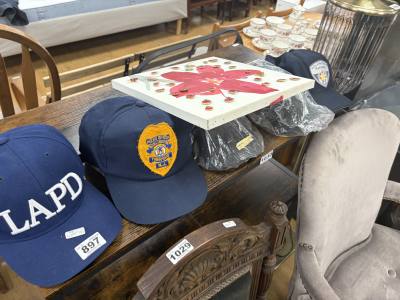 LOT OF POLICE HATS + BADGES