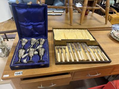 SILVER PLATE GOBLETS, FISH KNIVES + PLATEWARE