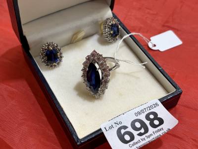 18CT MARQUIS SAPPHIRE + DIAMOND RING + EARRING SUITE