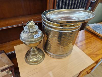 COAL BUCKET,  2 X OIL LAMPS + LETTER HOLDER