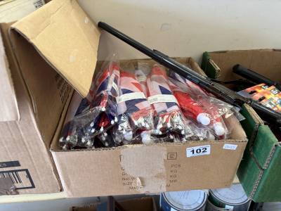 BOX OF UNION JACK UMBRELLA + HATS