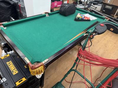 POOL TABLE, BALLS + CUES