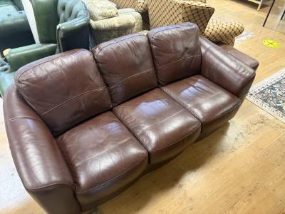 BROWN LEATHER 3 SEATER  COUCH + STOOL