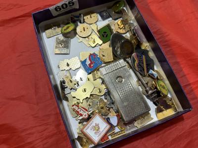 BOX OF BADGES + LIGHTER