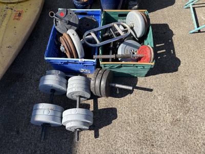 2 X BOXES OF WEIGHTS + BARBELLS ETC 