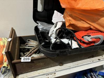 BOX OF SPANNERS ETC + ELEC SAW