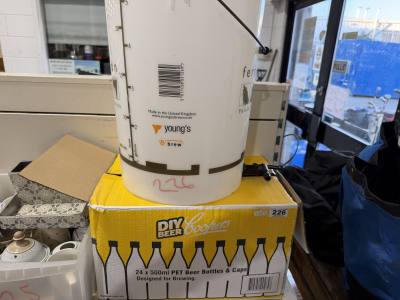 BOX OF BEER BOTTLES + FERMENTATION BUCKET