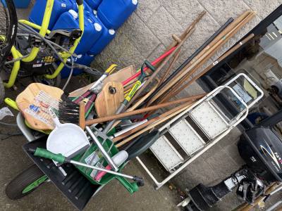 WHEELBARROW + GARDEN TOOLS