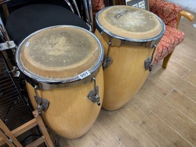 PAIR OF BONGO DRUMS + STAND