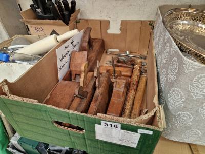 BOX OF WOODEN PLANES + SPANNERS