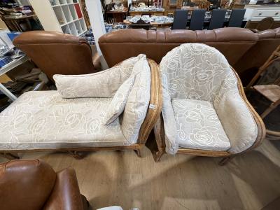 CANE CONSERVATORY COUCH, CHAIR + TABLES 