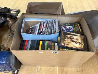 BOX OF DVDS ETC