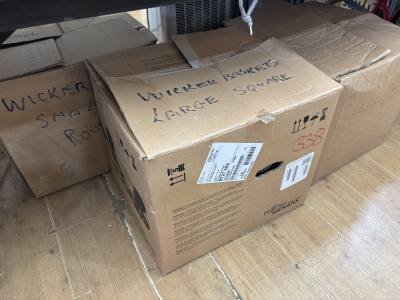 3 BOXES OF WICKER BASKETS