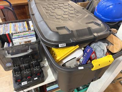BOX LOT OF ODDS  + BOX OF DVDS 