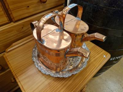 2 X COPPER WATERING CANS + SILVER PLATE