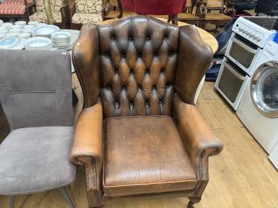 LEATHER BUTTON WING BACK CHAIR