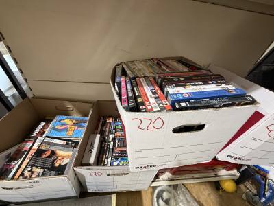 5 X BOXES OF DVDS/CDS 