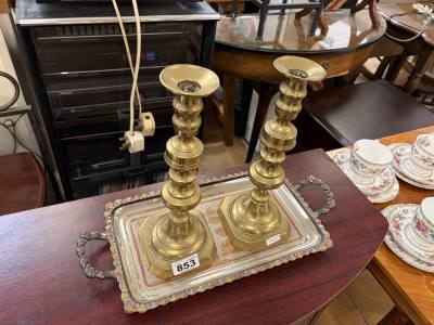 PAIR OF BRASS CANDLESTICKS + EGYPT TRAY