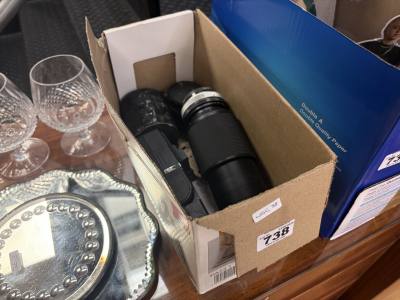 BOX OF LENSES + CAMERA ACCESSORIES