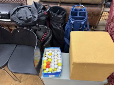 3 X GOLF BAGS + BOX OF GOLF BALLS