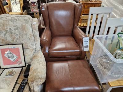 NEW LEATHER FIRESIDE CHAIR + STOOL
