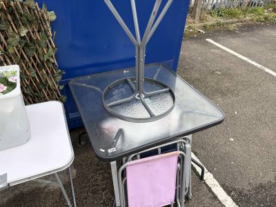 GLASS TOP GARDEN TABLE + 3 X CHAIRS + OTHER TABLE